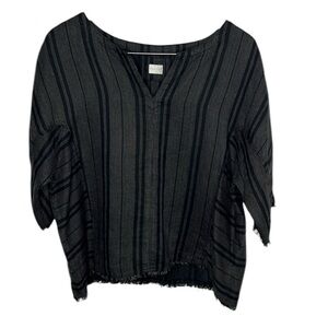 Poetry Black Grey Striped Split Neck Linen Blouse Oversized Women Size S